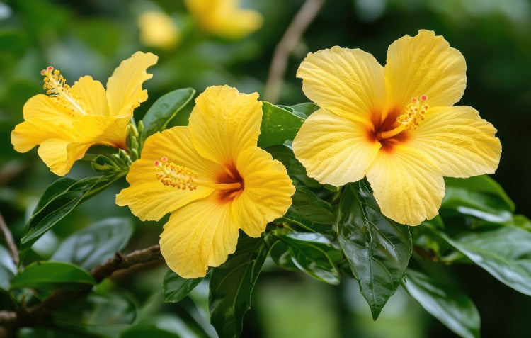 three yellow hibiscus flowers in green foliage