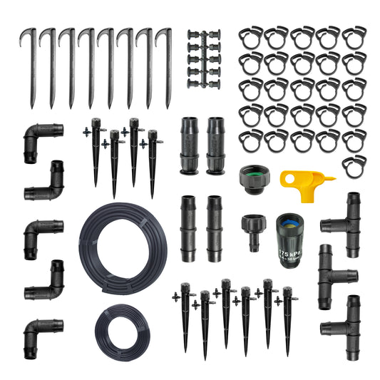 All Adjustable Drip Irrigation Kit Parts on a White Background