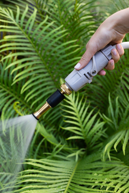 Person watering green ferns with Brass Spray Nozzle