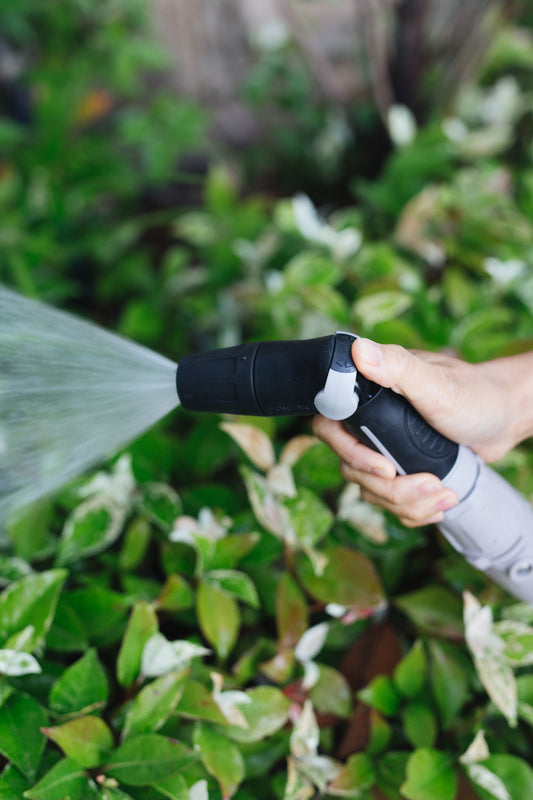 A close up image of someone holding a Compact Spray Nozzle spraying water to water green leafy plants.