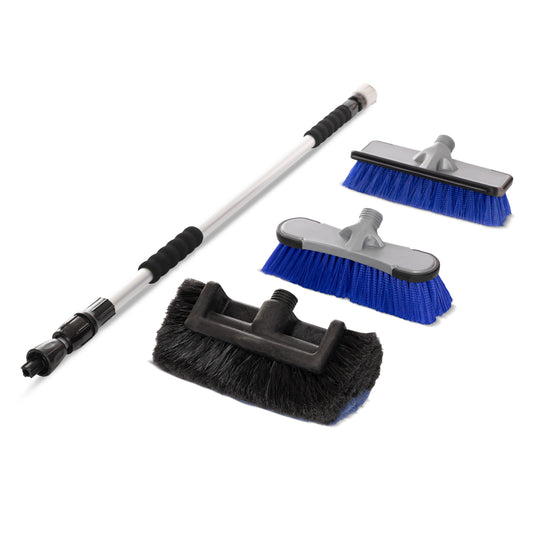 Soft, firm and hard bristle attachments with extendable cleaning brush on a white background