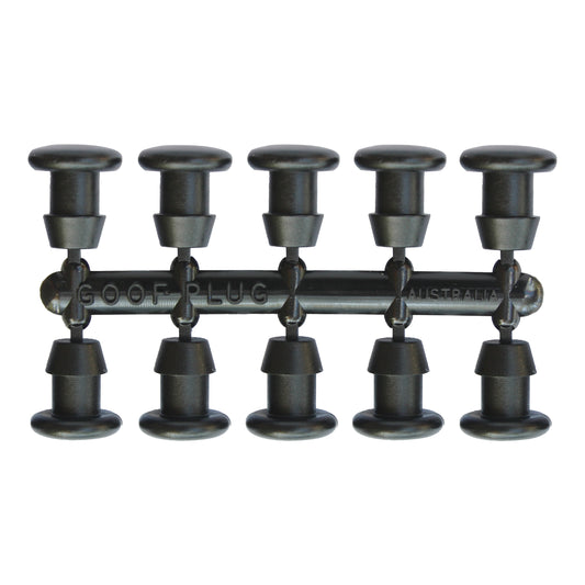 rack of 10 black goof plugs on a white background