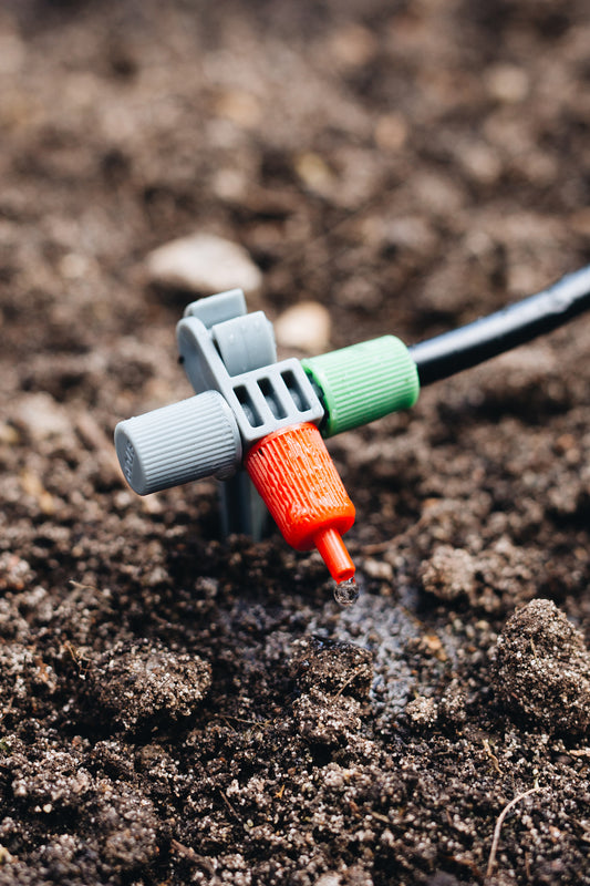 A close up image of a grey, green and red sprinkler head connected to black polypipe on dirt, with water dripping out from the angled spray head towards the dirt.