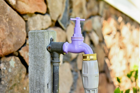 purple recycled water tap adapter with fittings attached
