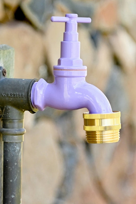 Brass Recycled Water Tap Adapter attached to a purple recycled water tap with out of focus sandstone wall in the background
