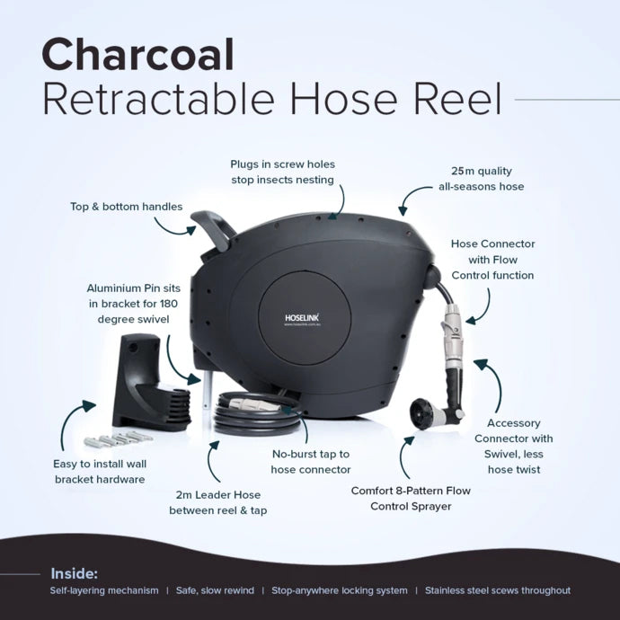 Hi-Flow 25m Retractable Hose Reel | Charcoal