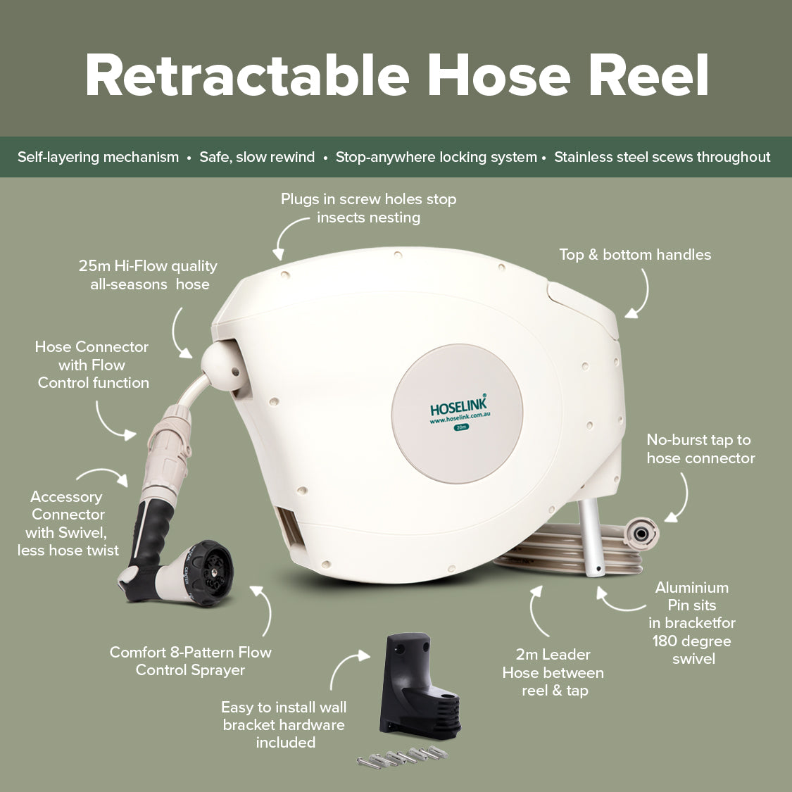 Hi-Flow 25m Retractable Hose Reel | Beige