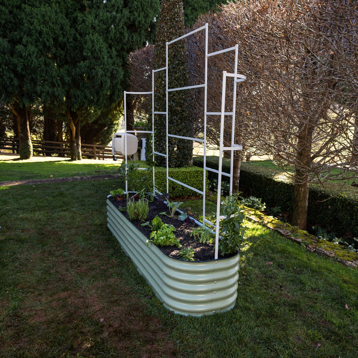 9 in 1 trellis attached to 9 in 1 garden bed on grass. hose reel in the back ground.