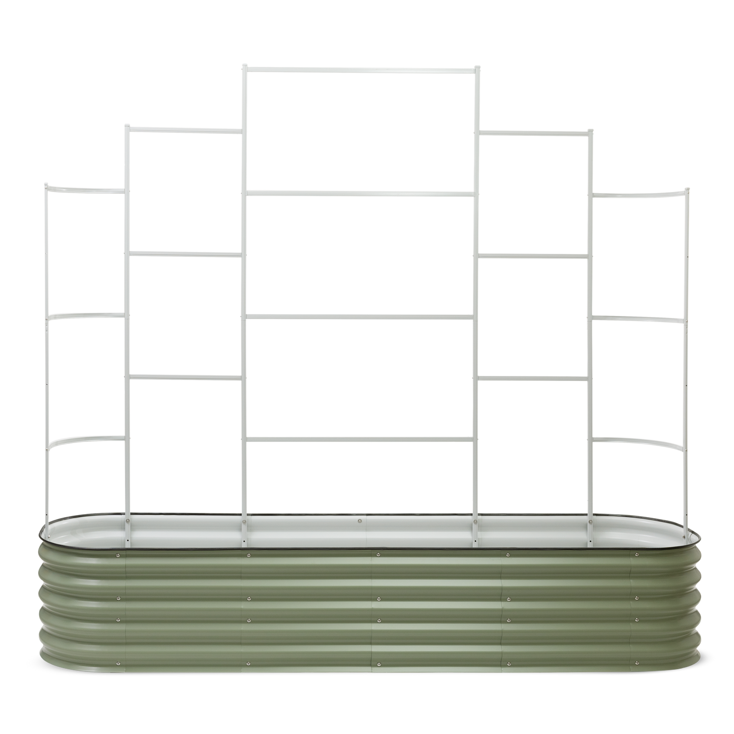 9 in one trellis attached to garden bed facing front on. On white background