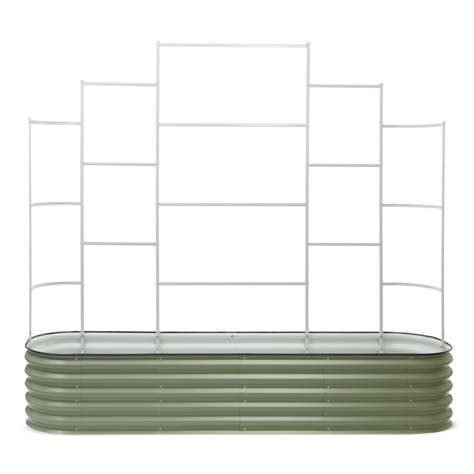 9 in one trellis attached to garden bed facing front on. On white background