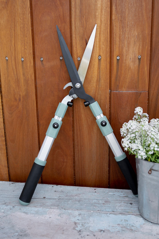 Green 2-in-1 Hedge Shears on table in garden next to bucket of flowers