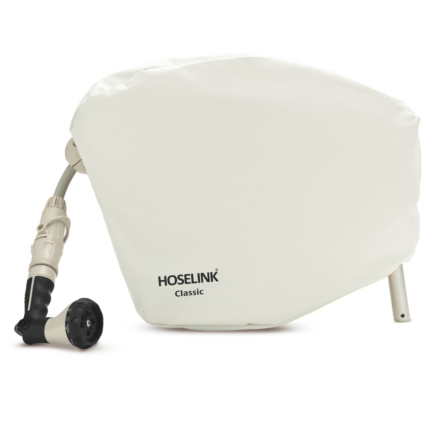 Beige classic hose reel cover fitted to a 20m hose reel on a white background