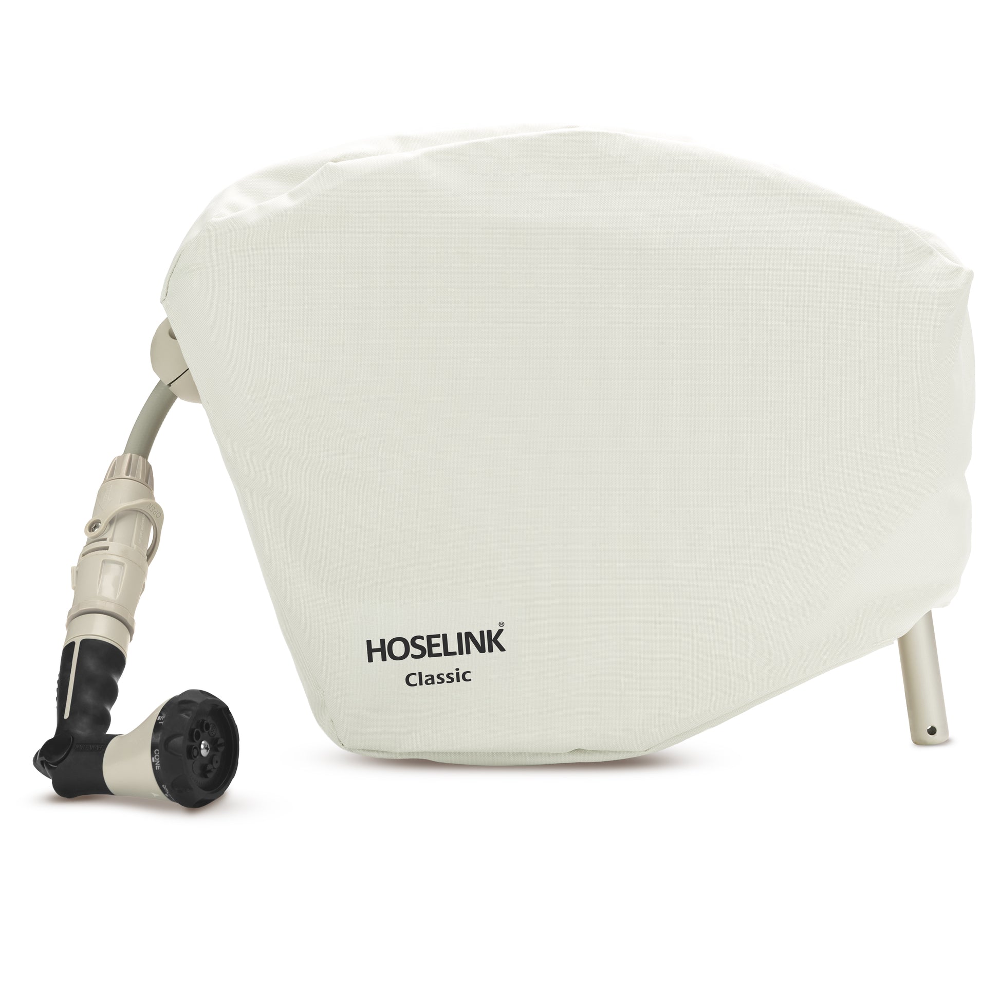 Beige classic hose reel cover fitted to a 20m hose reel on a white background