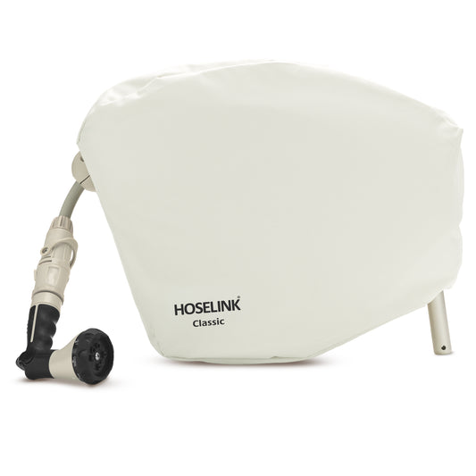 Beige classic hose reel cover fitted to a 20m hose reel on a white background