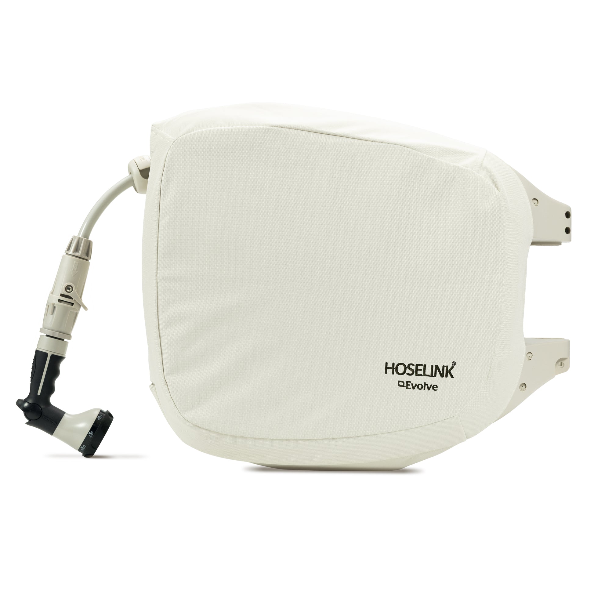 Beige evolve hose reel cover fitted on reel on white background