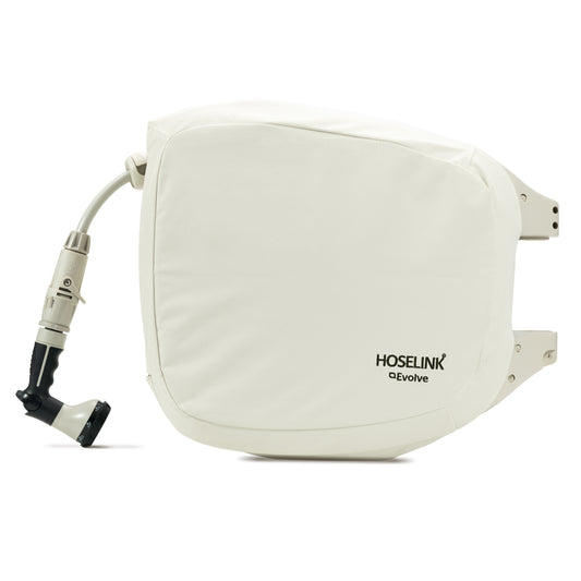 Beige evolve hose reel cover fitted on reel on white background