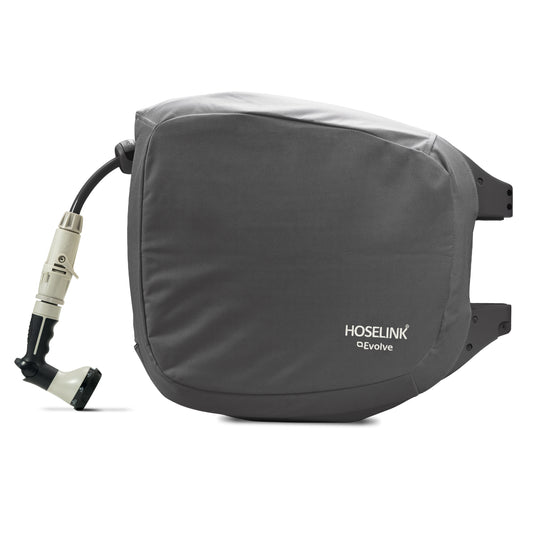 Charcoal evolve hose reel cover fitted on reel on white background