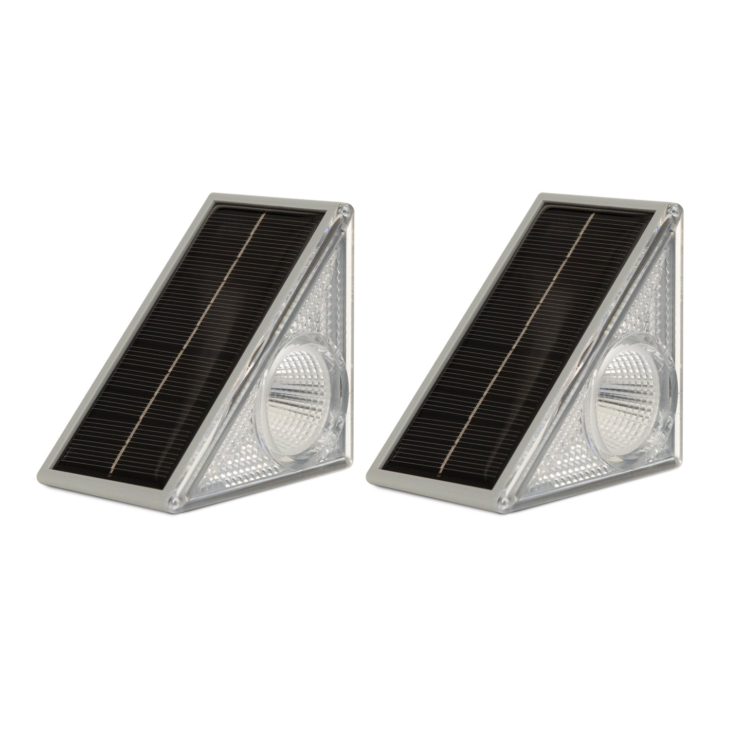 Two solar step lights on a white background