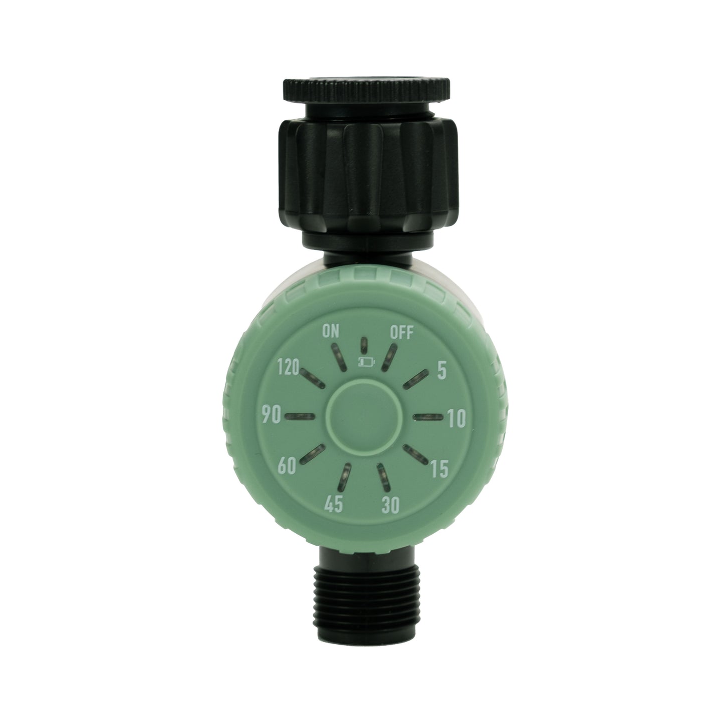 one touch timer with sage green dial and black body on a white background