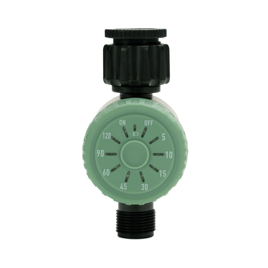 one touch timer with sage green dial and black body on a white background