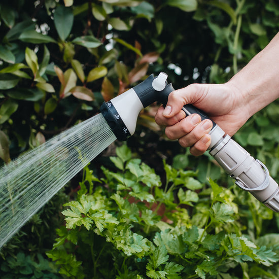 hand holding a comfort 8 pattern sprayer watering garden