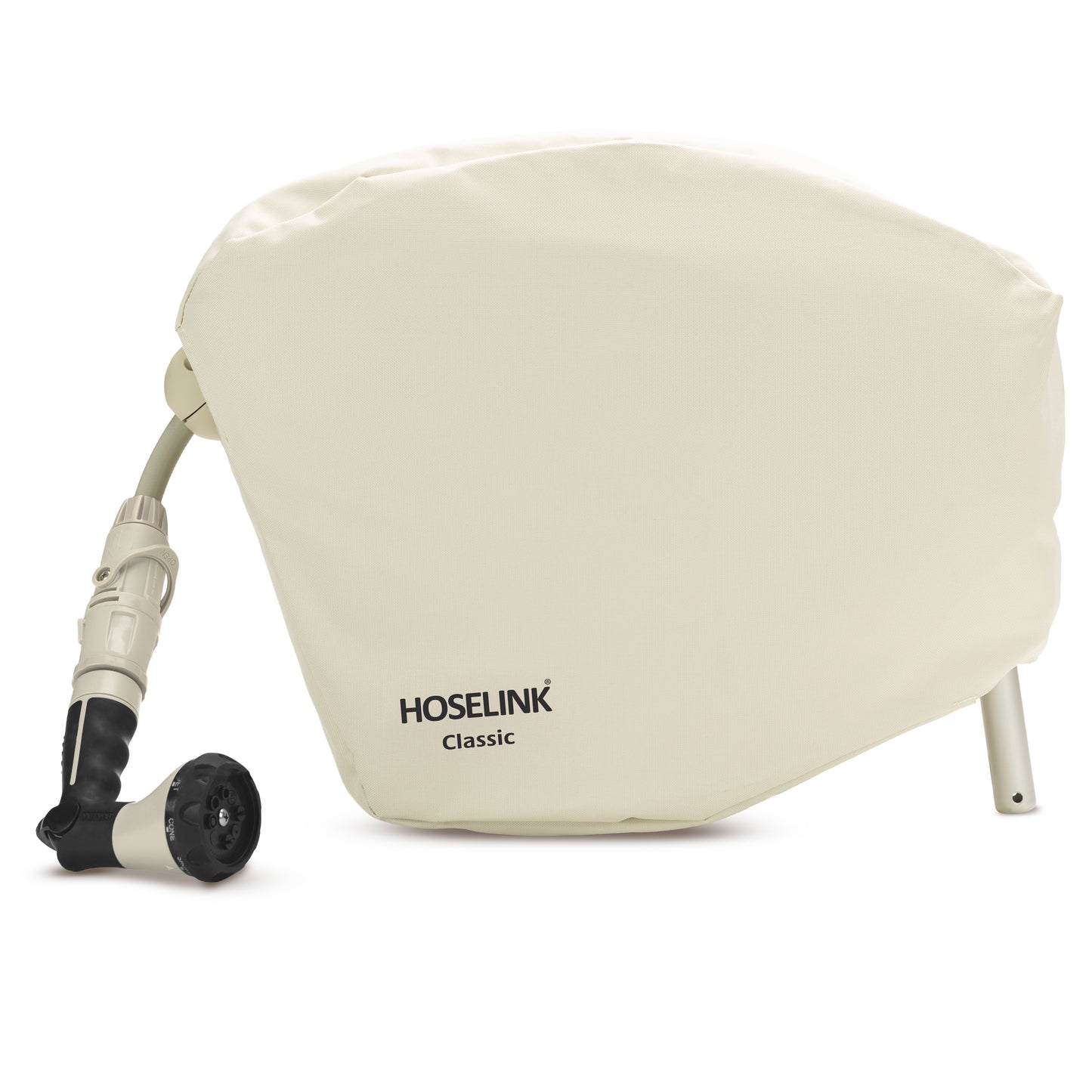 Beige classic hose reel cover fitted to a 20m hose reel on a white background