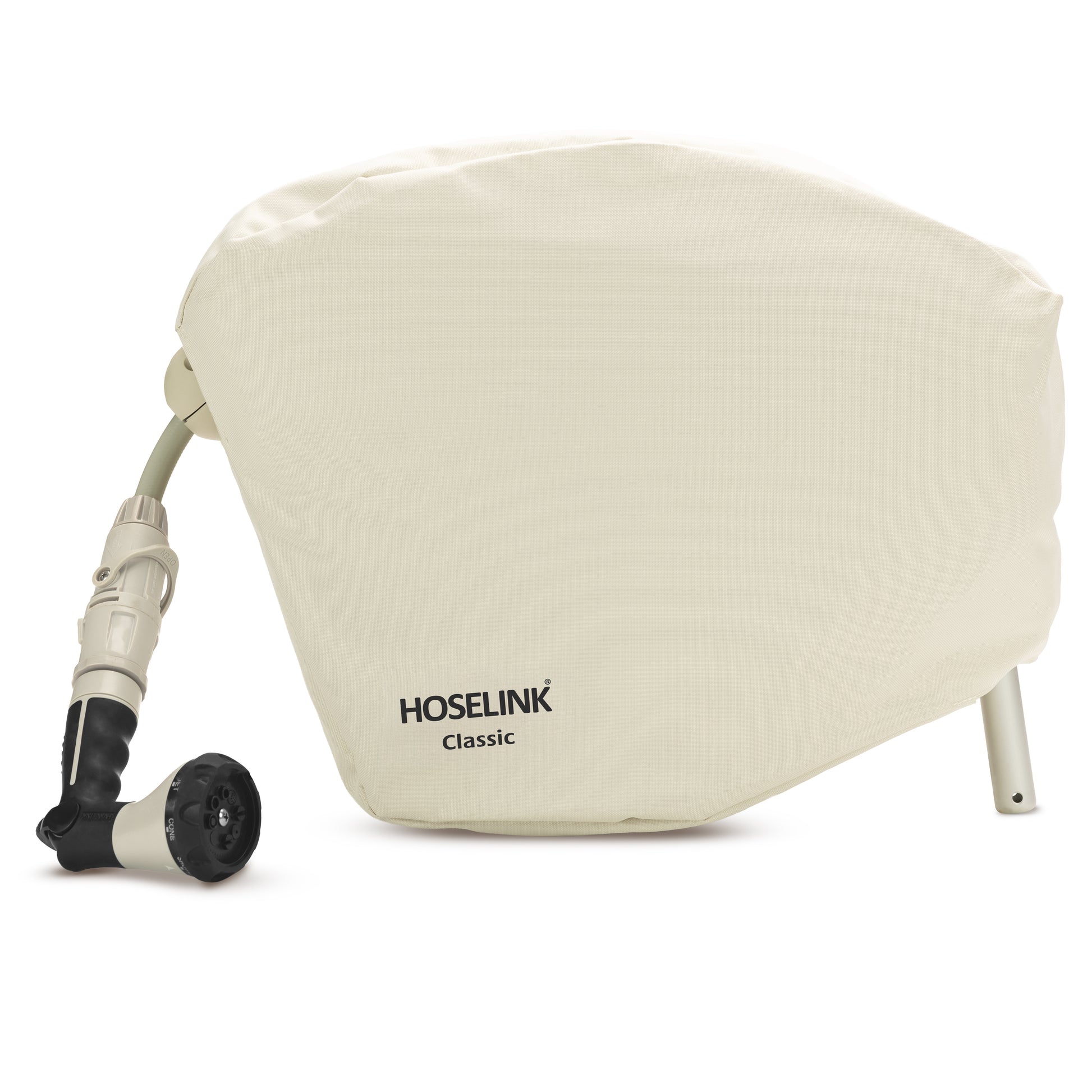 Beige classic hose reel cover fitted to a 20m hose reel on a white background