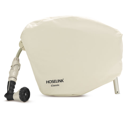 Beige classic hose reel cover fitted to a 20m hose reel on a white background