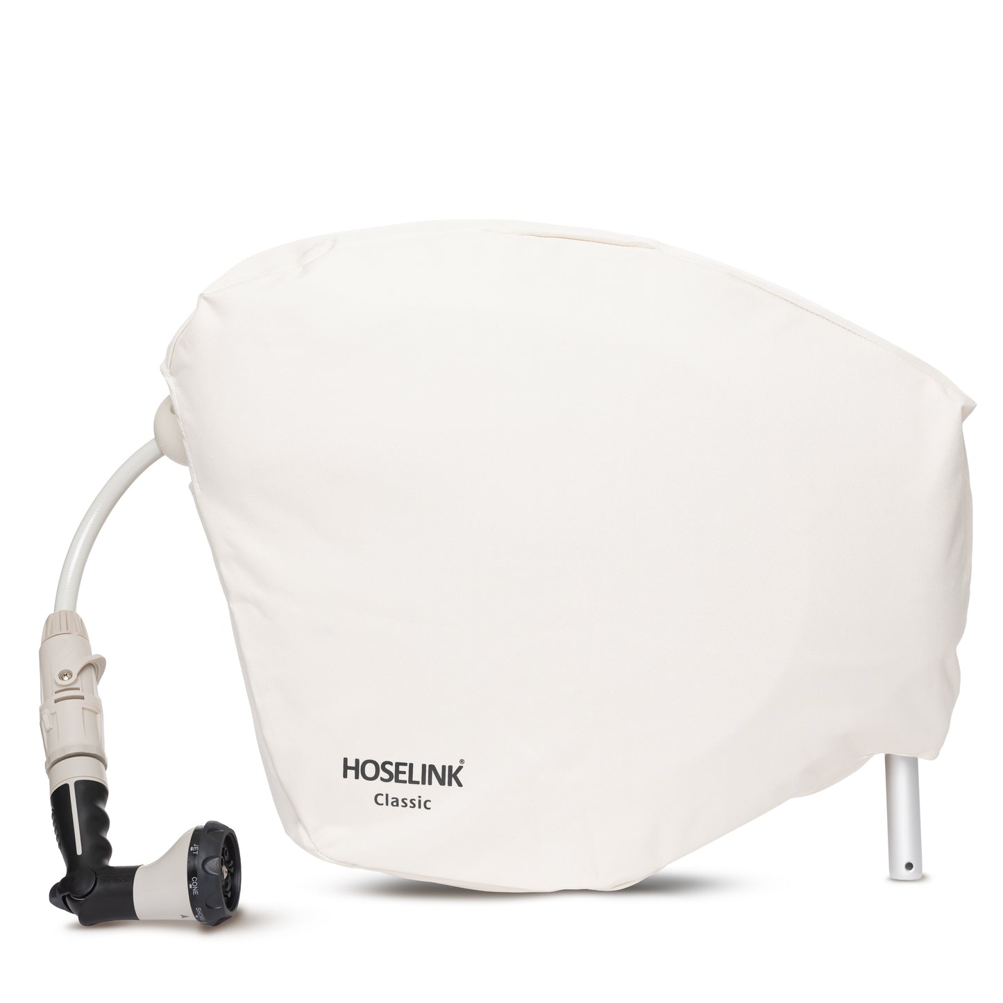 Beige hose reel cover with 'Hoselink' branding on beige 30m classic reel on a white background
