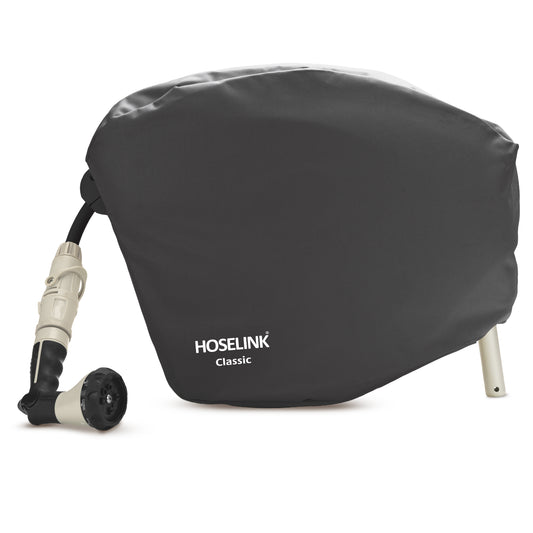 Charcoal classic hose reel cover fitted to a 20m hose reel on a white background