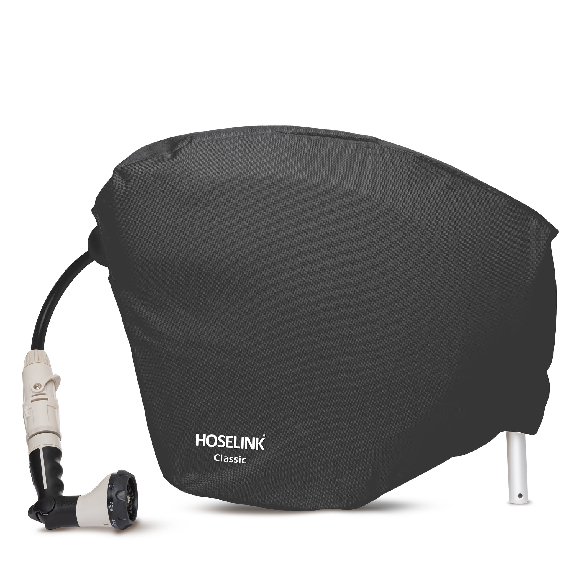 Charocal hose reel cover with 'Hoselink' branding on charcoal 30m classic reel on a white background