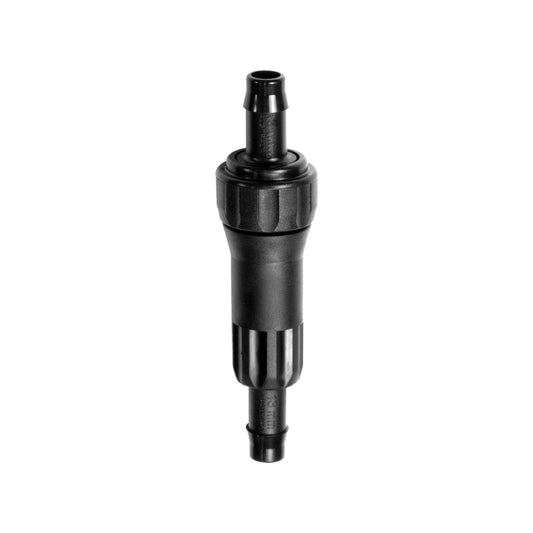 Black 13mm in-line filter for irrigation kits on a white background