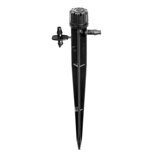 Black 360° adjustable drip irrigation spike on white background
