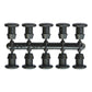 rack of 10 black goof plugs on a white background