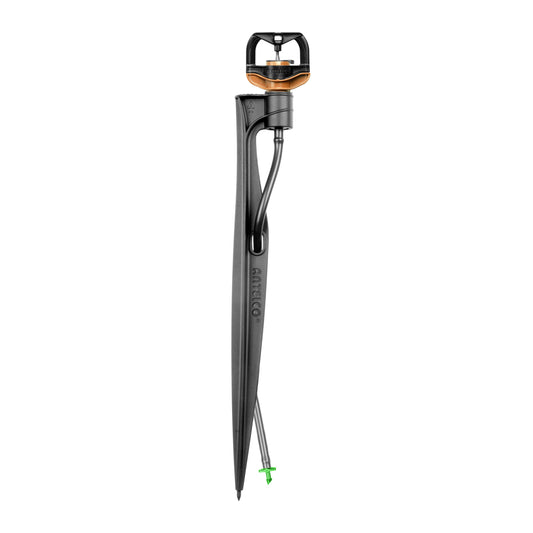 Black under tree sprinkler irrigation spike with a brown head on a white background