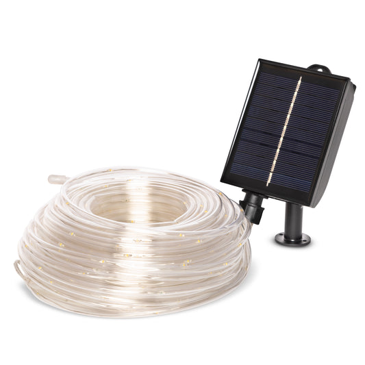 White background with coil of rope solar light and panel