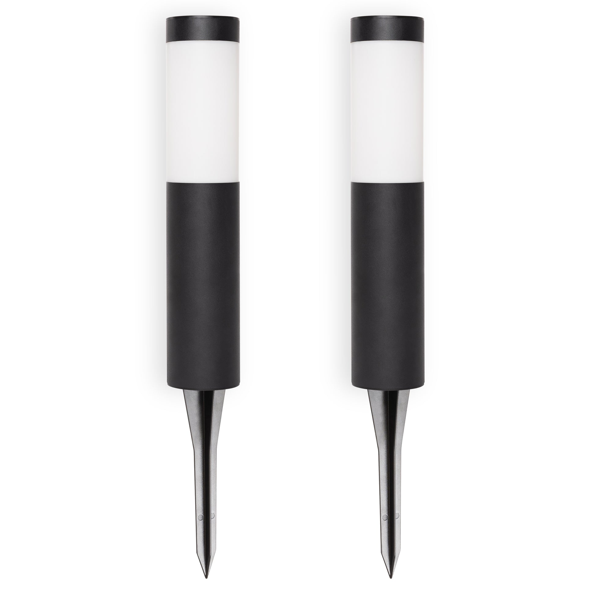 Two black solar ground lights on a white background