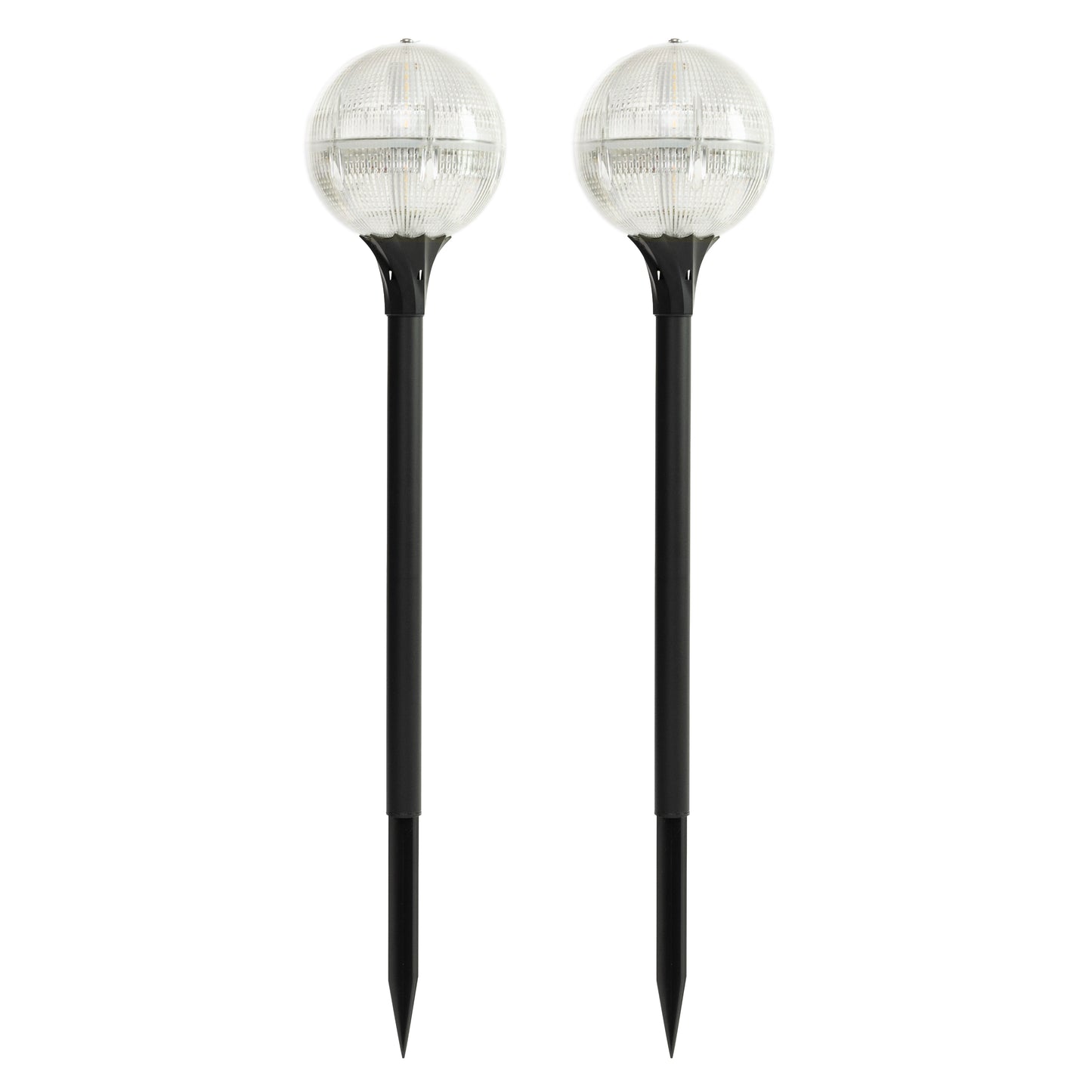 Two solar garden globe lights on a white background