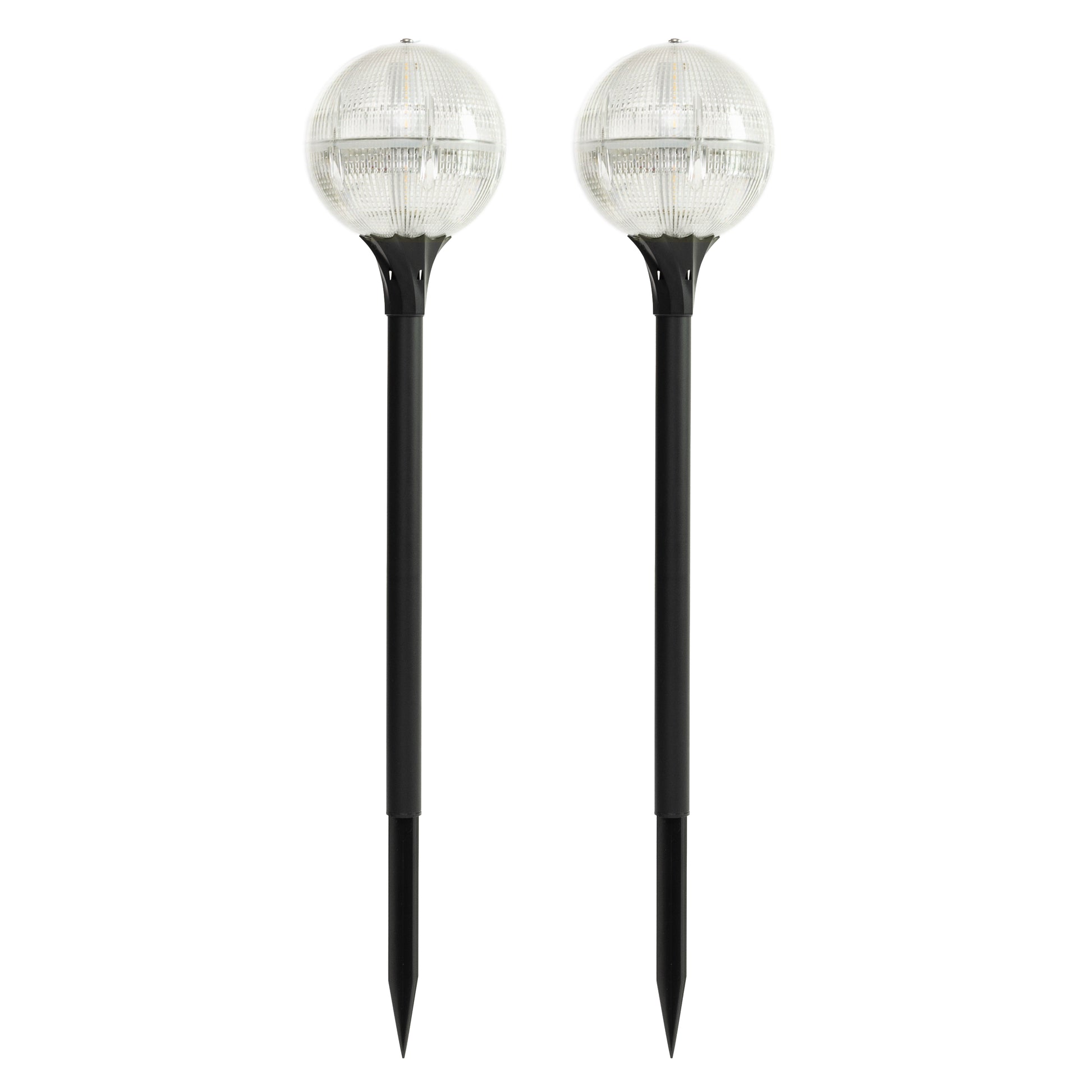 Two solar garden globe lights on a white background