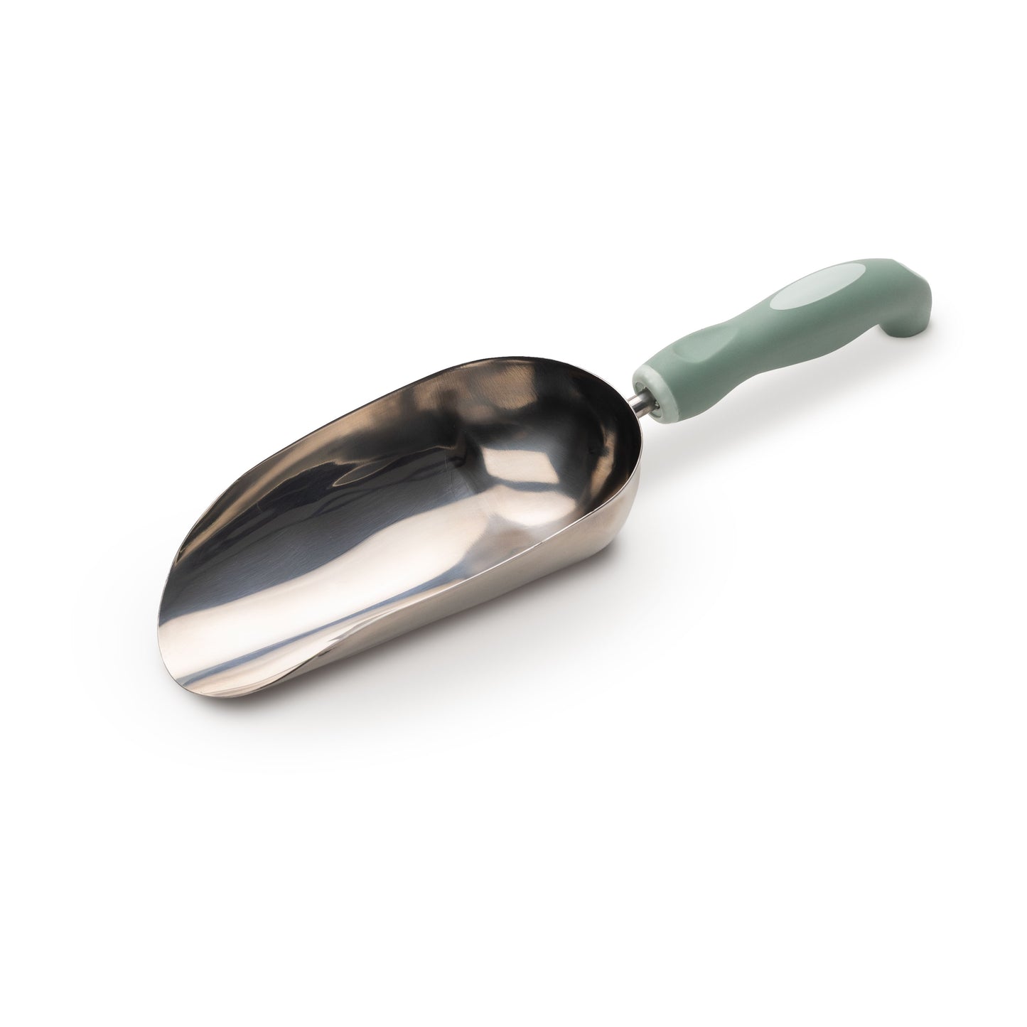 Metal potting scoop with a green handle on a white background