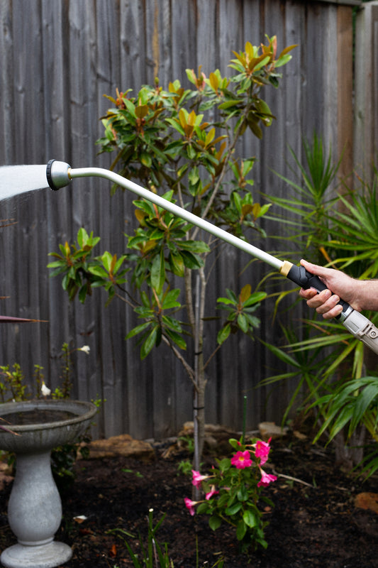 An image of a hand holding a long metal shower spray wand to water a garden bed, with a magnolia tree, pink petunias and a bird bath in the background.
