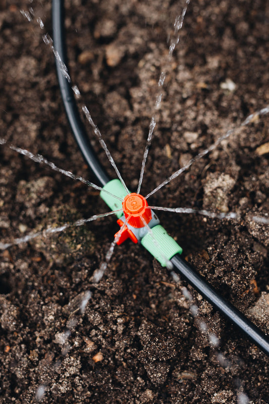 A close up image of a red and green sprinkler head connected to black polypipe on dirt, with water spraying out from 8 streams in all directions.