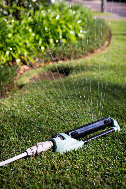 A black and pale green Oscillating Sprinkler connected to a hose and spraying water from the jets, on a lawn with garden bed behind it.