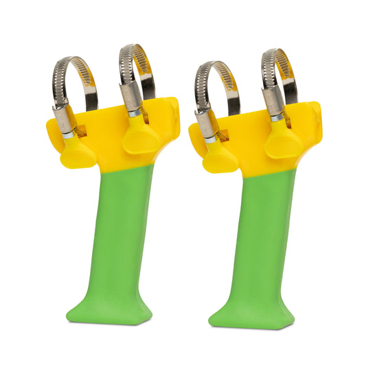 Pair of green and yellow PETA Easi Grip Add-On Handles a white background