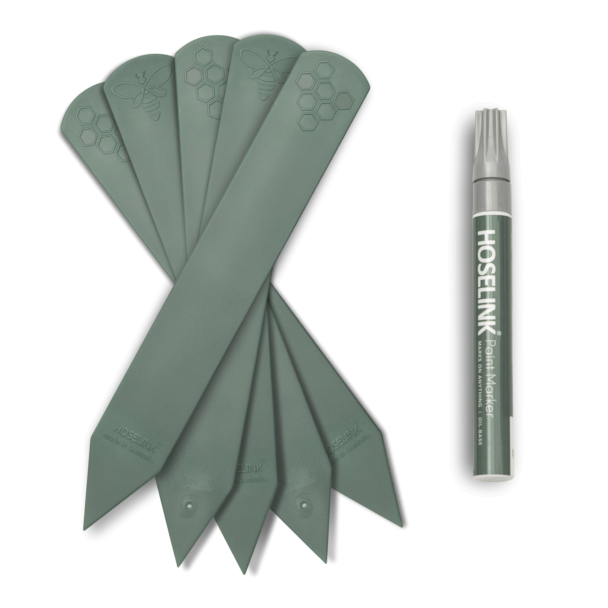 Set of five recycled plastic plant labels arranged on a white background with a Hoselink marker pen