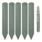 Set of five recycled plastic sage green plant labels and marker pen arranged neatly on a white background