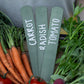 Set of three sage green recycled plastic plant labels with carrot, radish and tomato written on, arranged in a trug