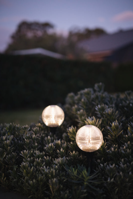 Solar garden globes in the bushes, one in focus, one in the background out of focus