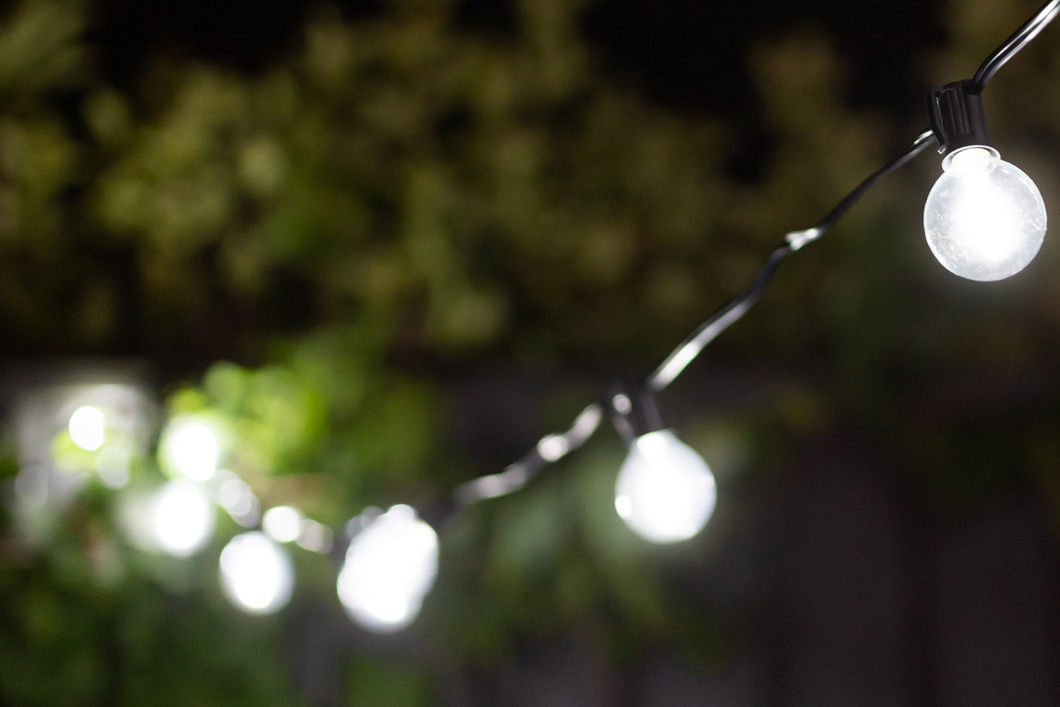 Close up of cool white solar festoon lights hung in a string between trees
