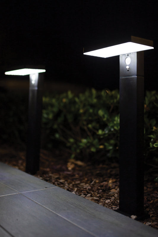 Two Solar Garden Path Lights turned on at night staked into the ground along a path
